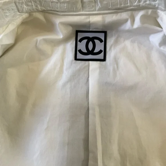 Chanel White Size 8-10 Perforated Leather Bomber Jacket Branded Back Stripe